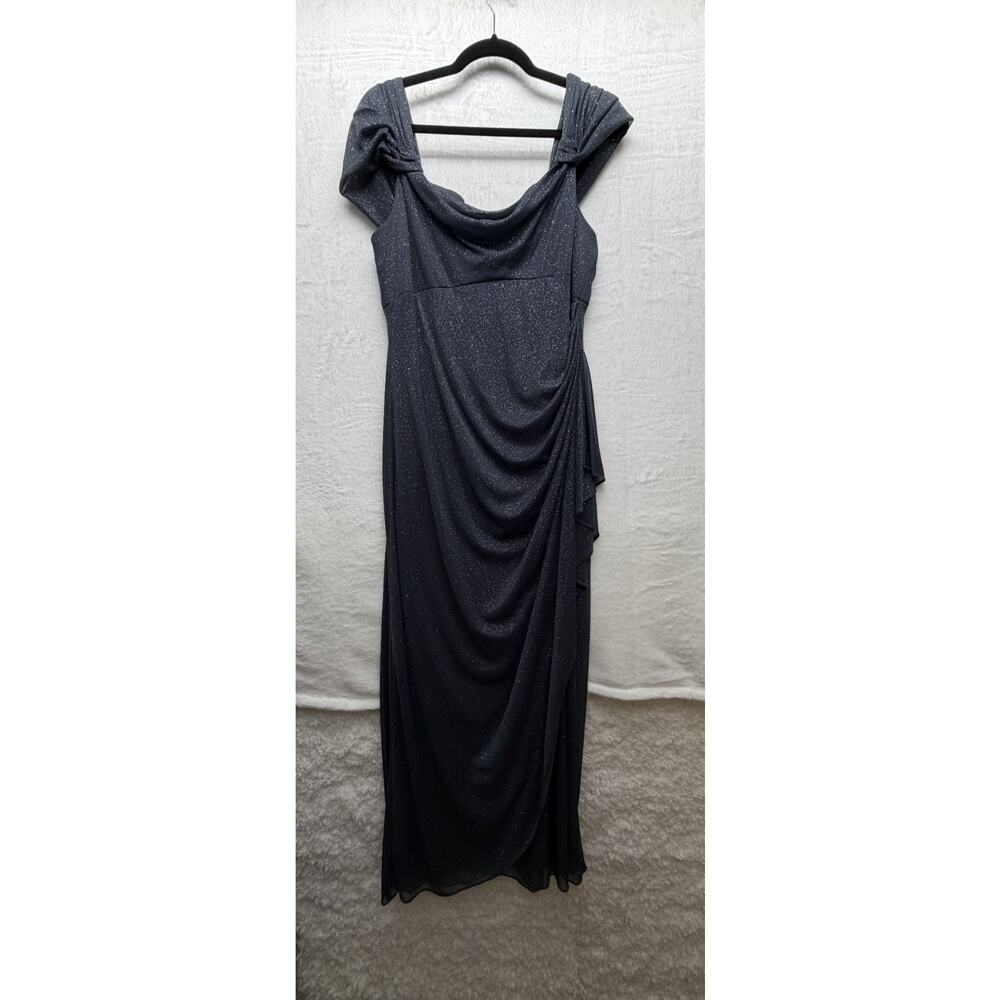 Alex Evenings Maxi Dress Ball Gown 14P Gray Glitter Ruffle Slit Fairy Homecoming
